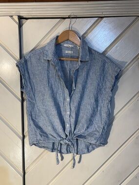 Weatherproof Chambray Tie-Front Cap Sleeve Button-Down Top
